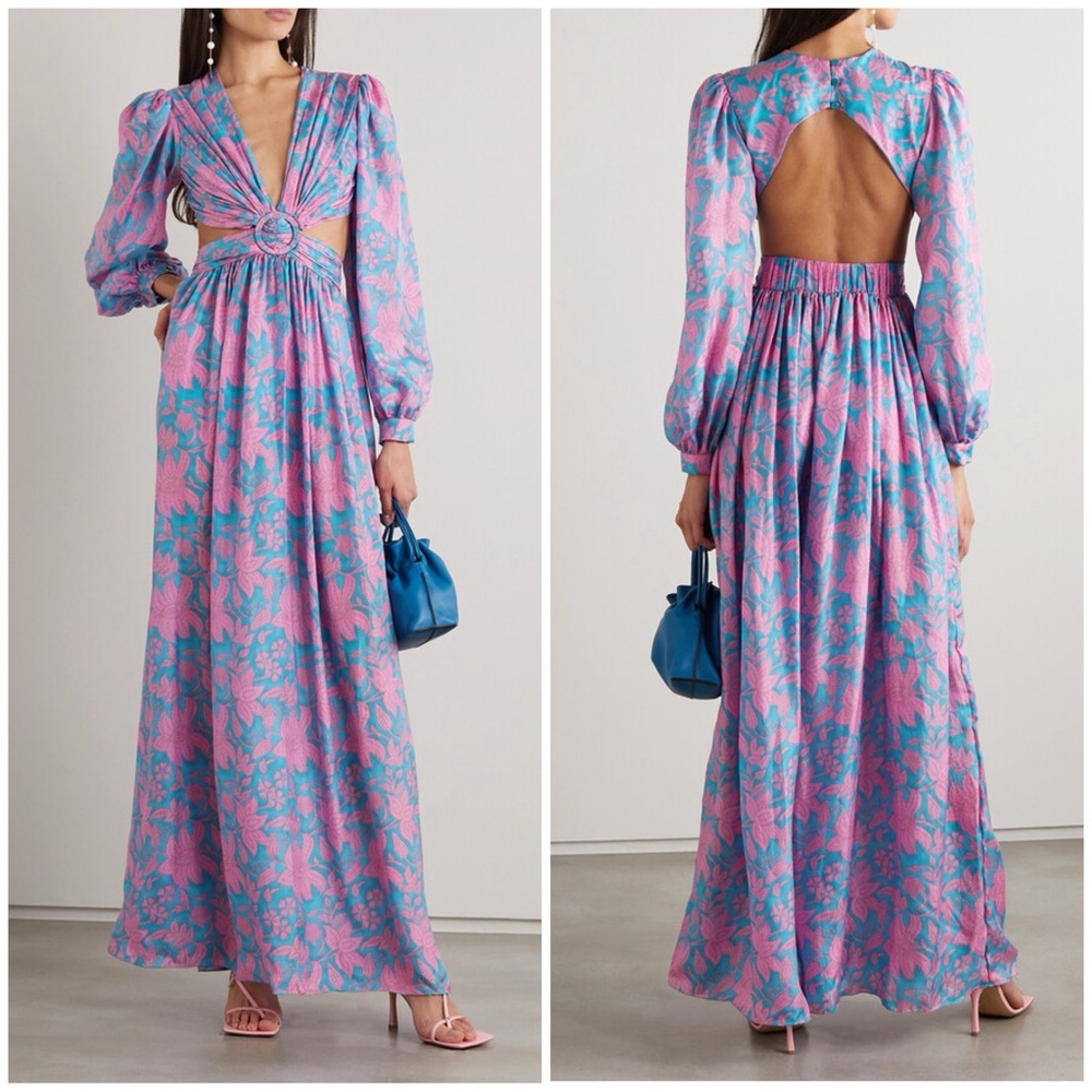NWOT HANNAH Artwear Rio Open Back Floral Print Silk Habotai‎ Maxi Dress Sz S